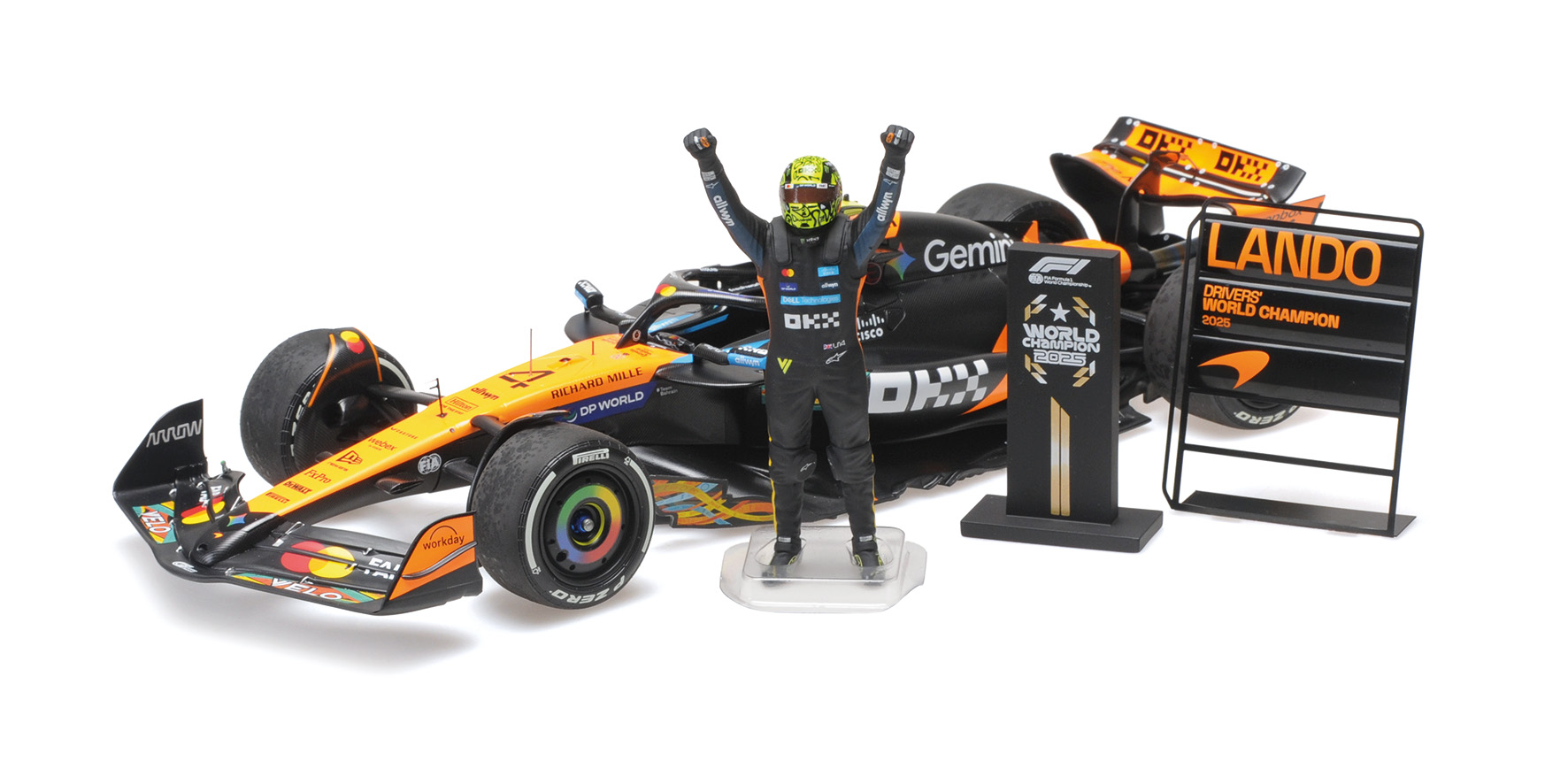 MCLAREN FORMULA 1 TEAM MCL39 - L. NORRIS - WC - ABU DHABI GP 2025 W.STAN. FIGURINE.+ 2 PITBOARDS