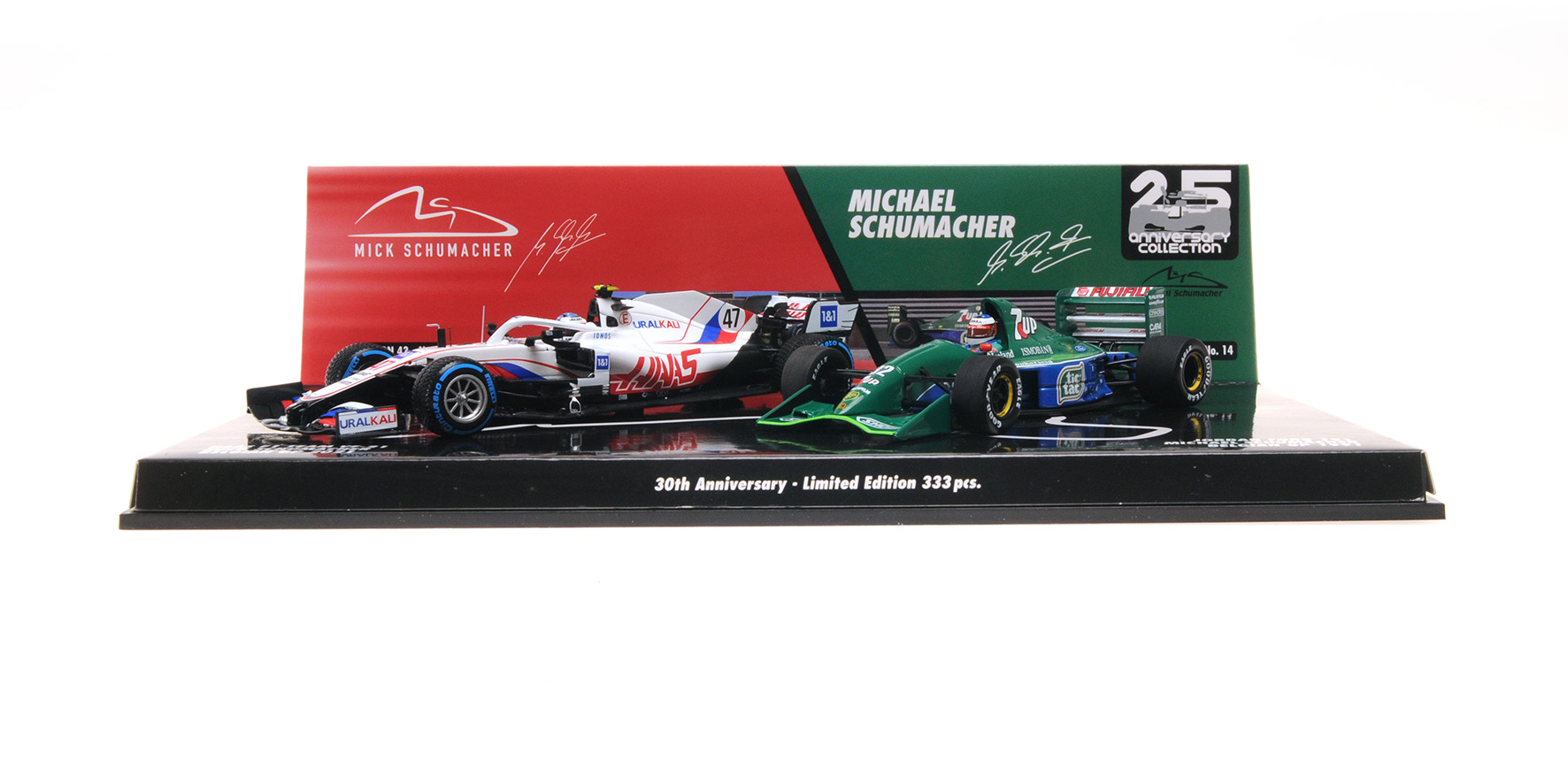 2-CAR SET - M. SCHUMACHER BELGIAN GP 1991 & M. SCHUMACHER, BELGIAN GP 2021 - 30TH ANNIVERSARY